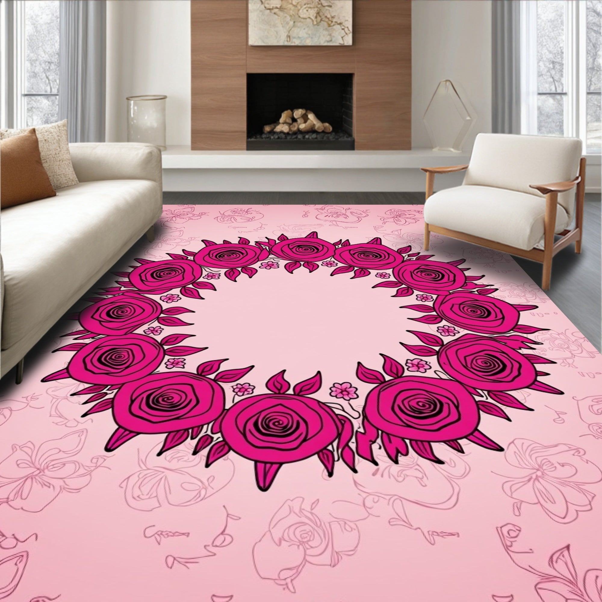 Bright Pink Rose Blossom Garland Rug