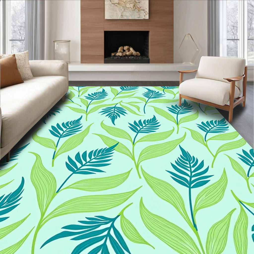 Teal Ferns and Light Green Leaves Pattern Rug