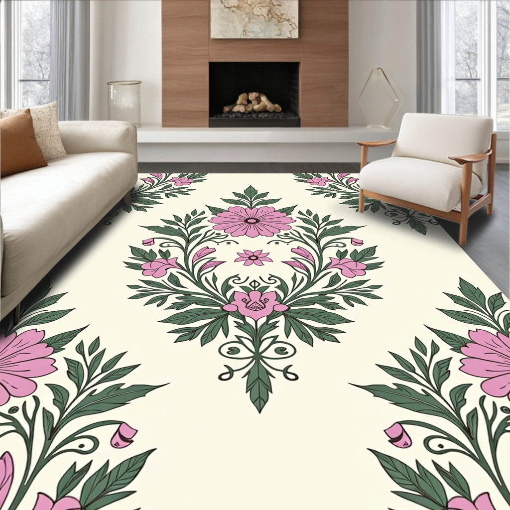 Pink Floral Vine Damask Pattern Rug