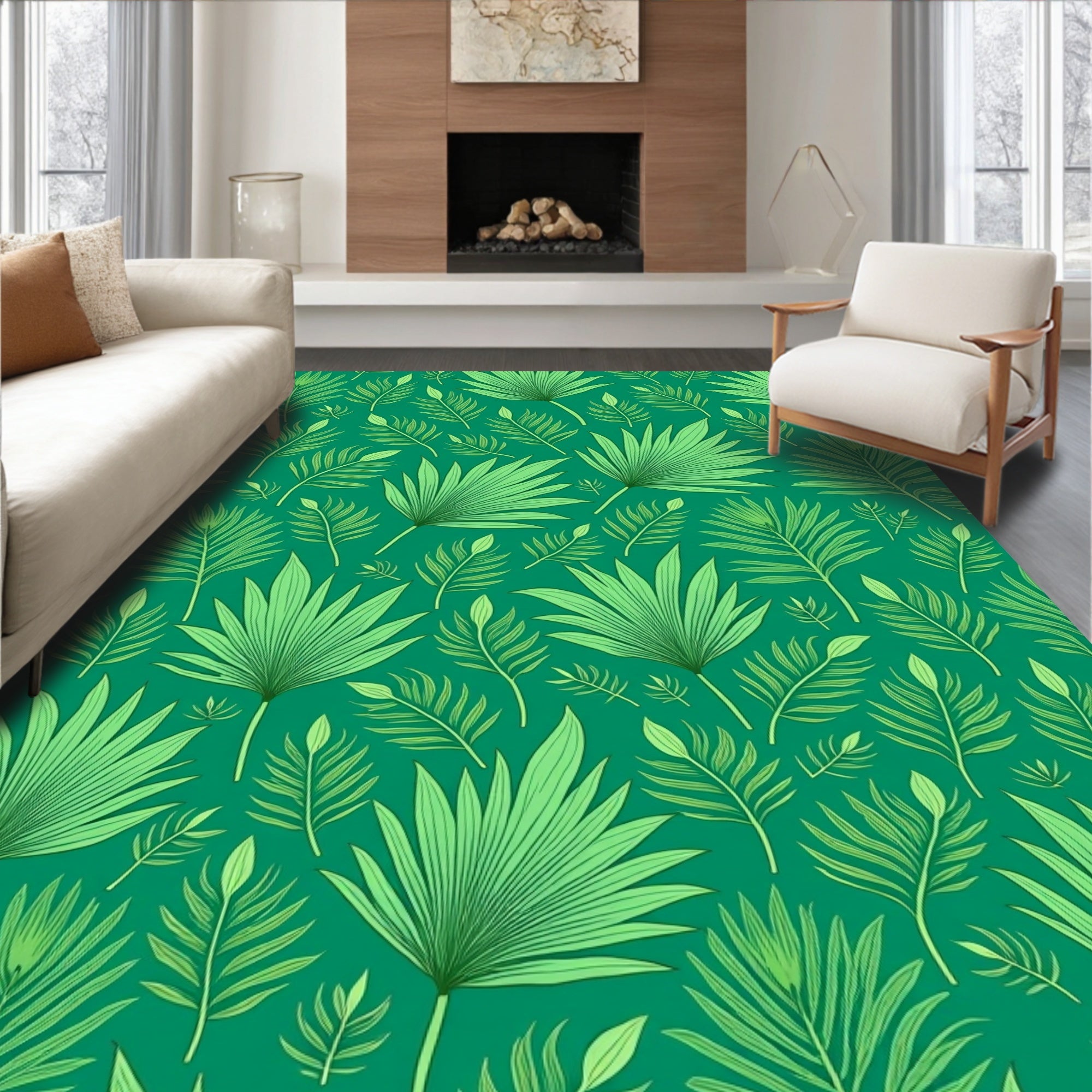 Green Leafy Tropical Pattern Rug
