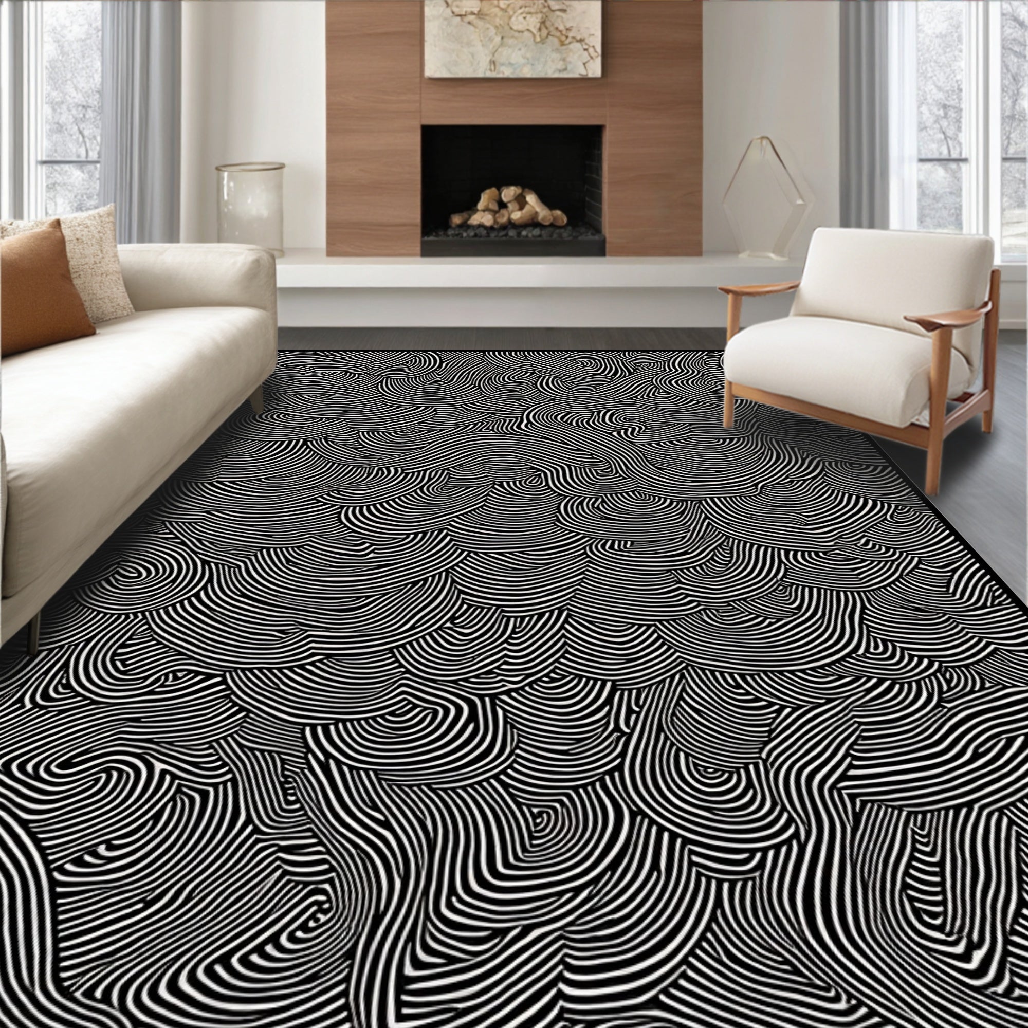 Black White Abstract Line Design Rug