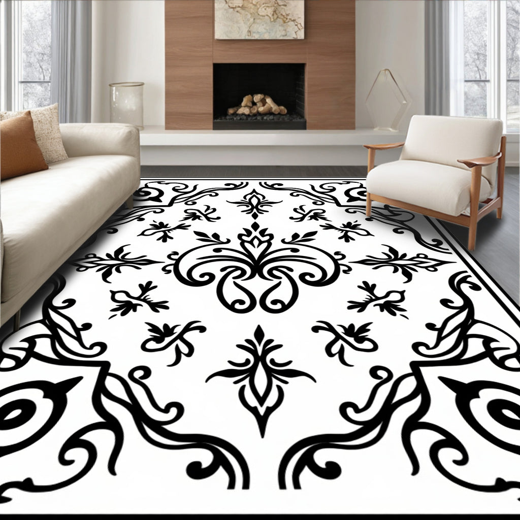 Classic Floral Scrollwork Black White Rug
