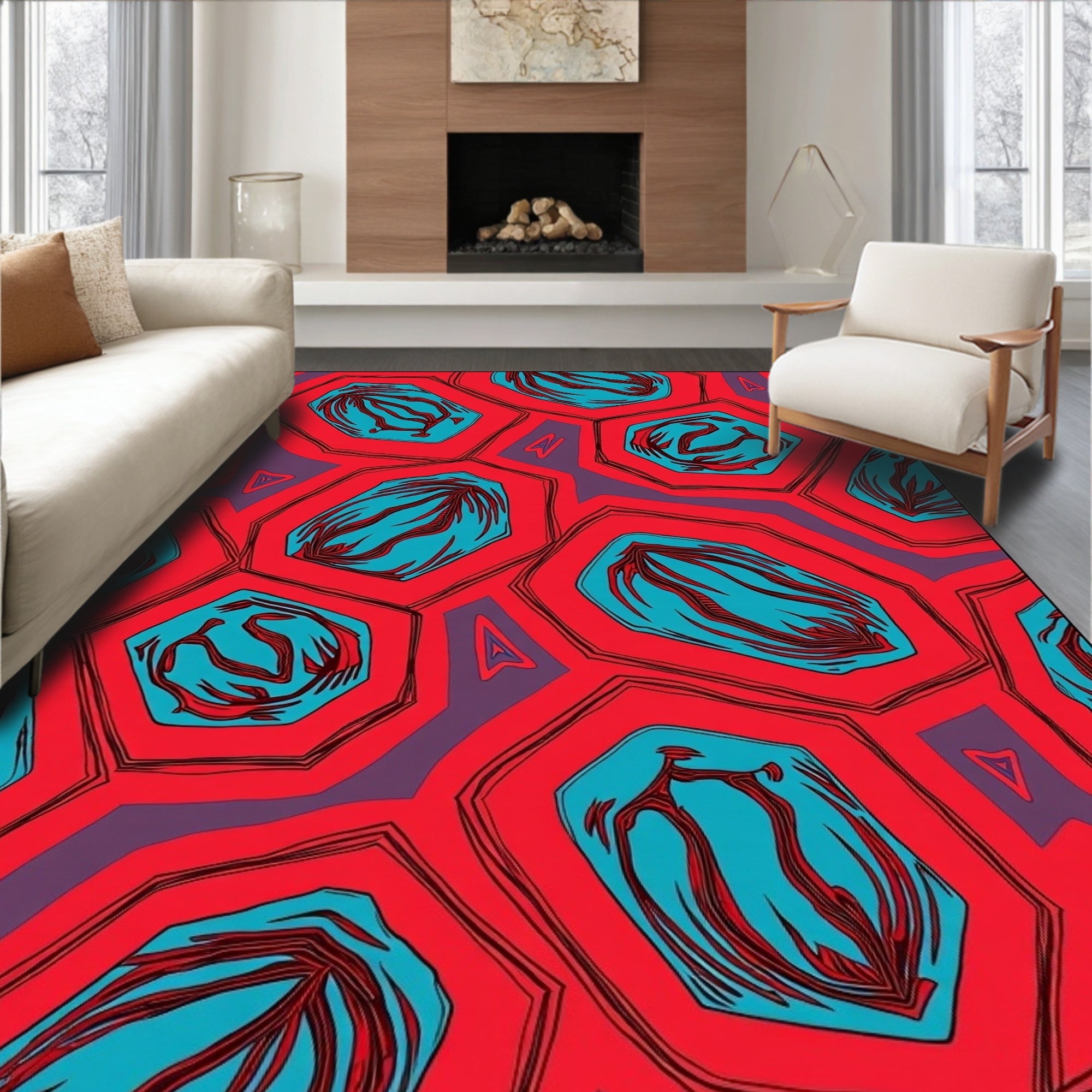 Bold Red Geometric Turquoise Pattern Rug