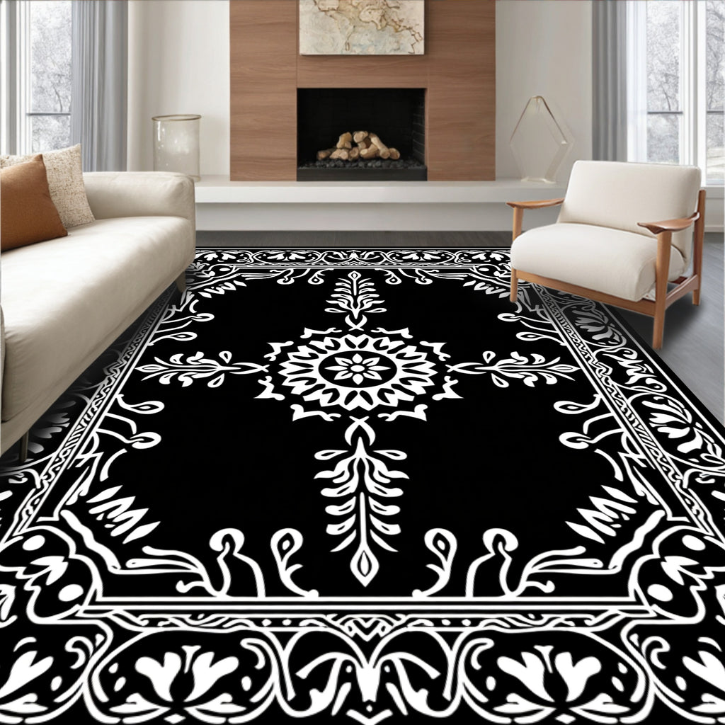 Ornate Black White Floral Medallion Design Rug