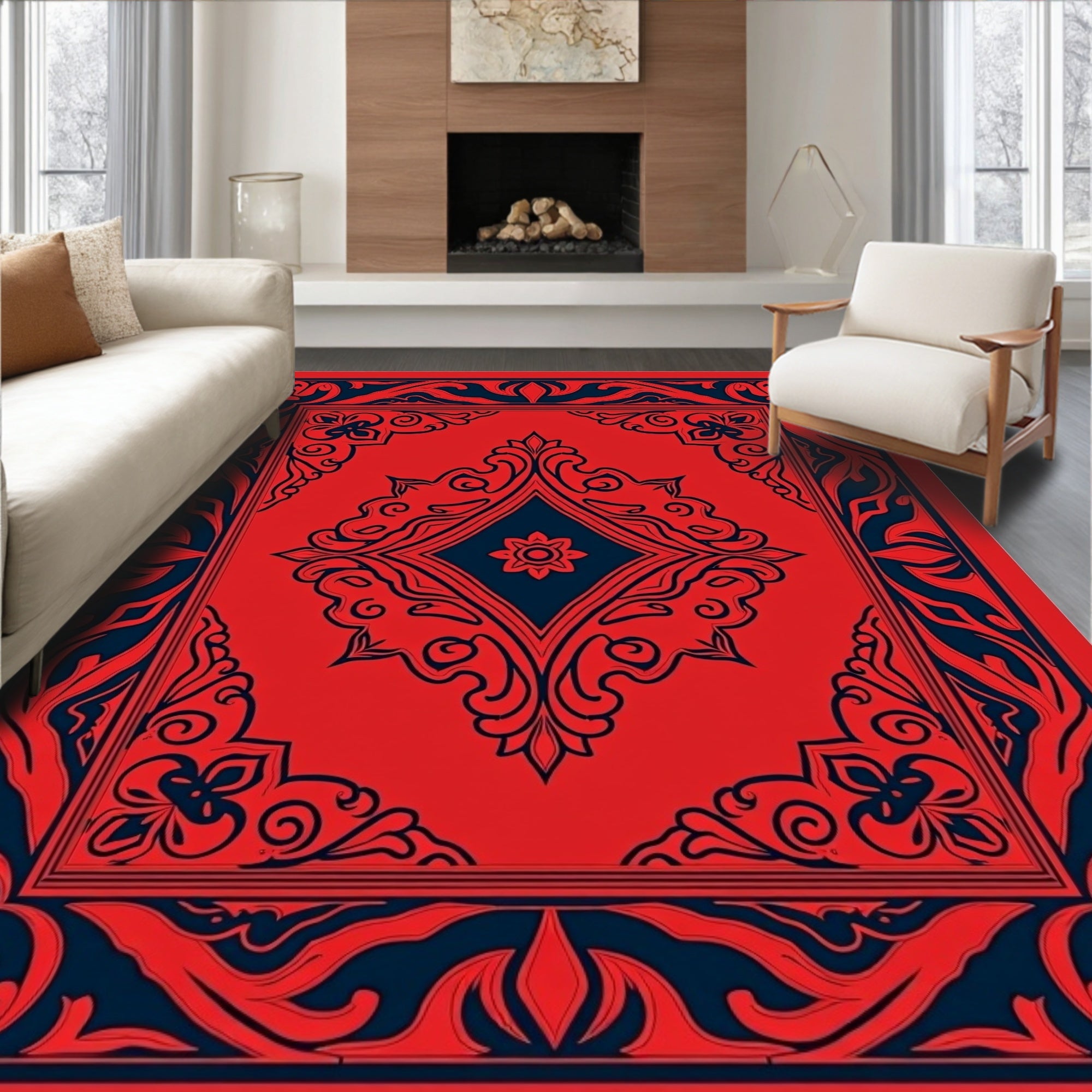 Traditional Red and Blue Floral Medallion Rug