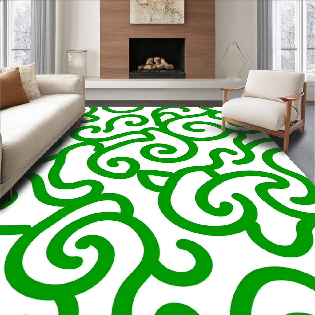 Green Swirl Patterned Abstract Design Rug