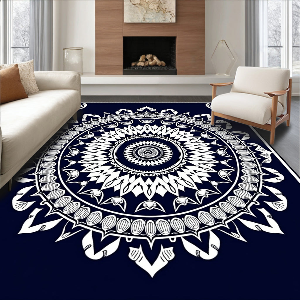 Navy White Floral Mandala Medallion Rug