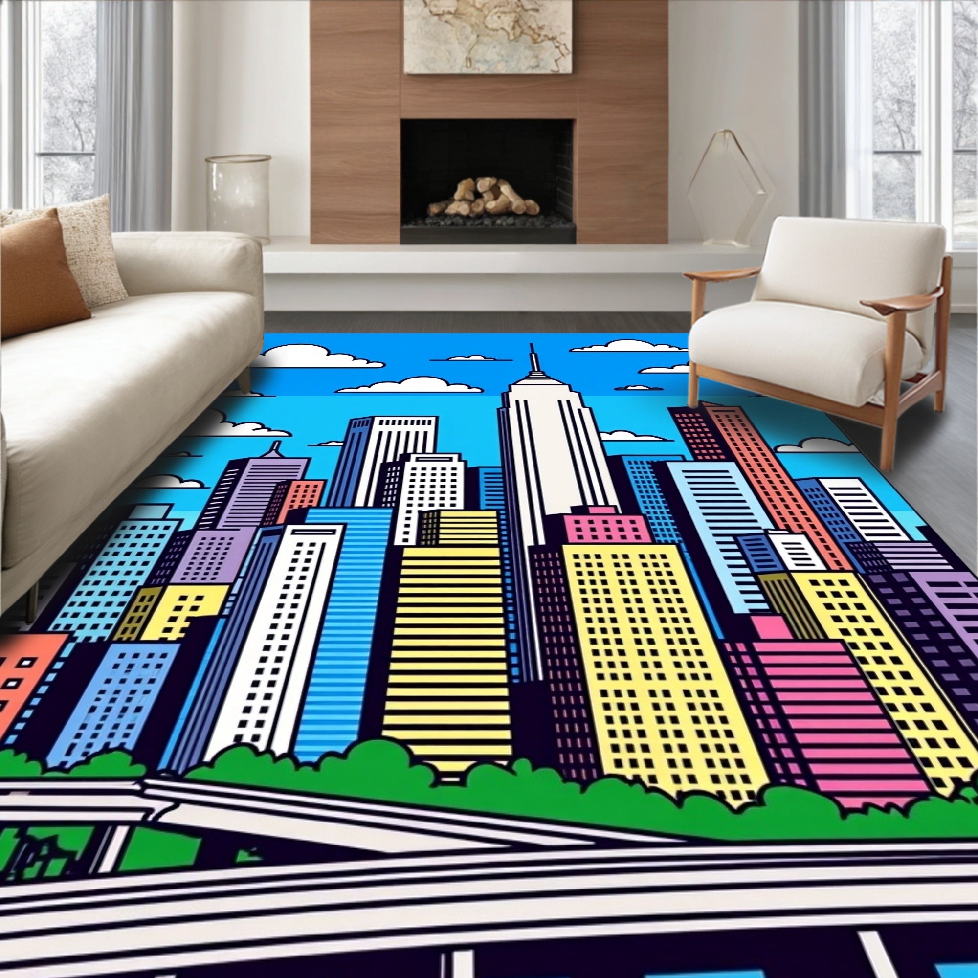 Colorful Metropolis Skyscraper Skyline Rug