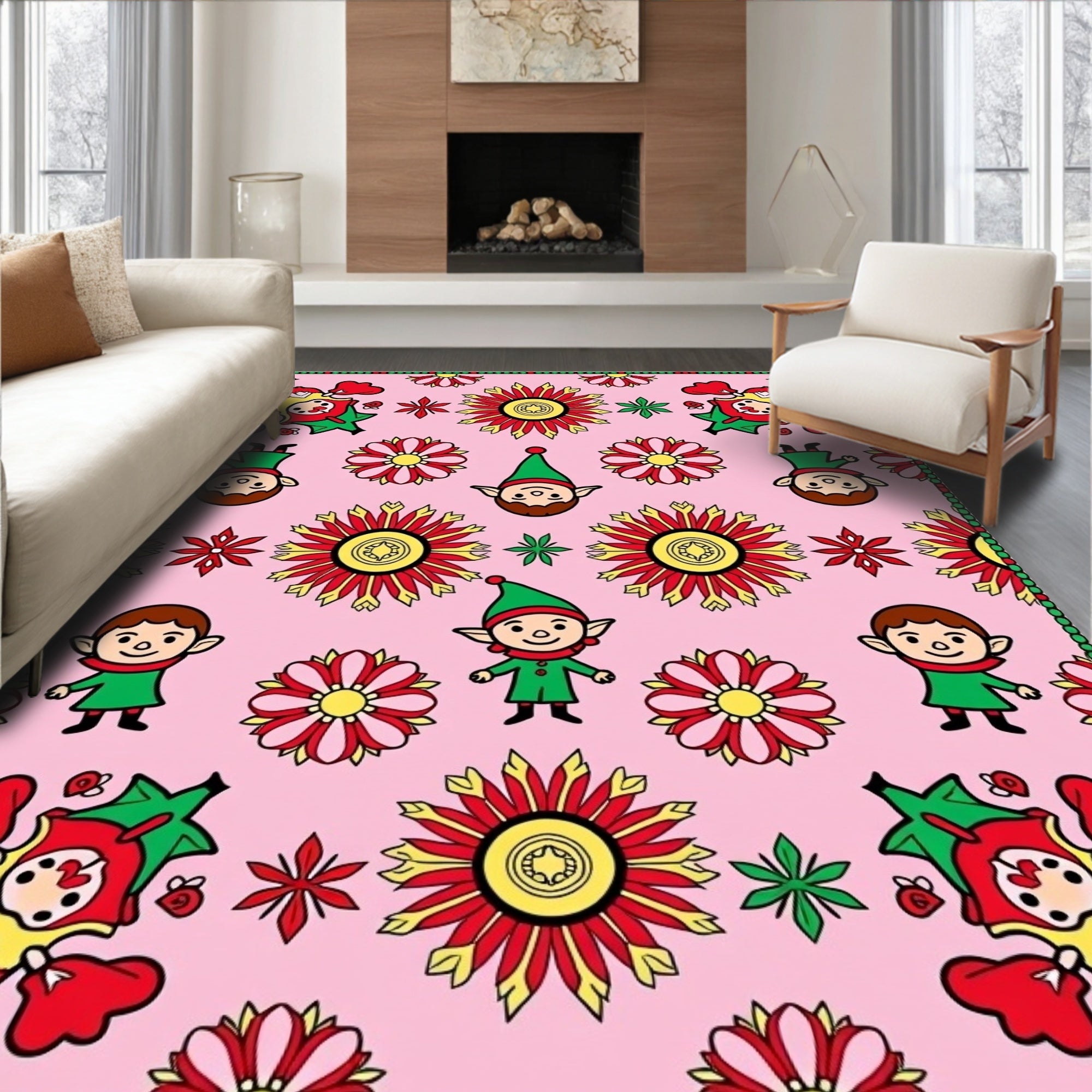 Whimsical Pink Elf Floral Collage Rug