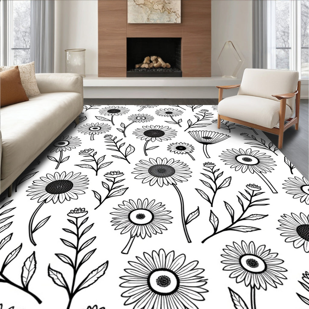 Simple Floral Outline Line Art Rug
