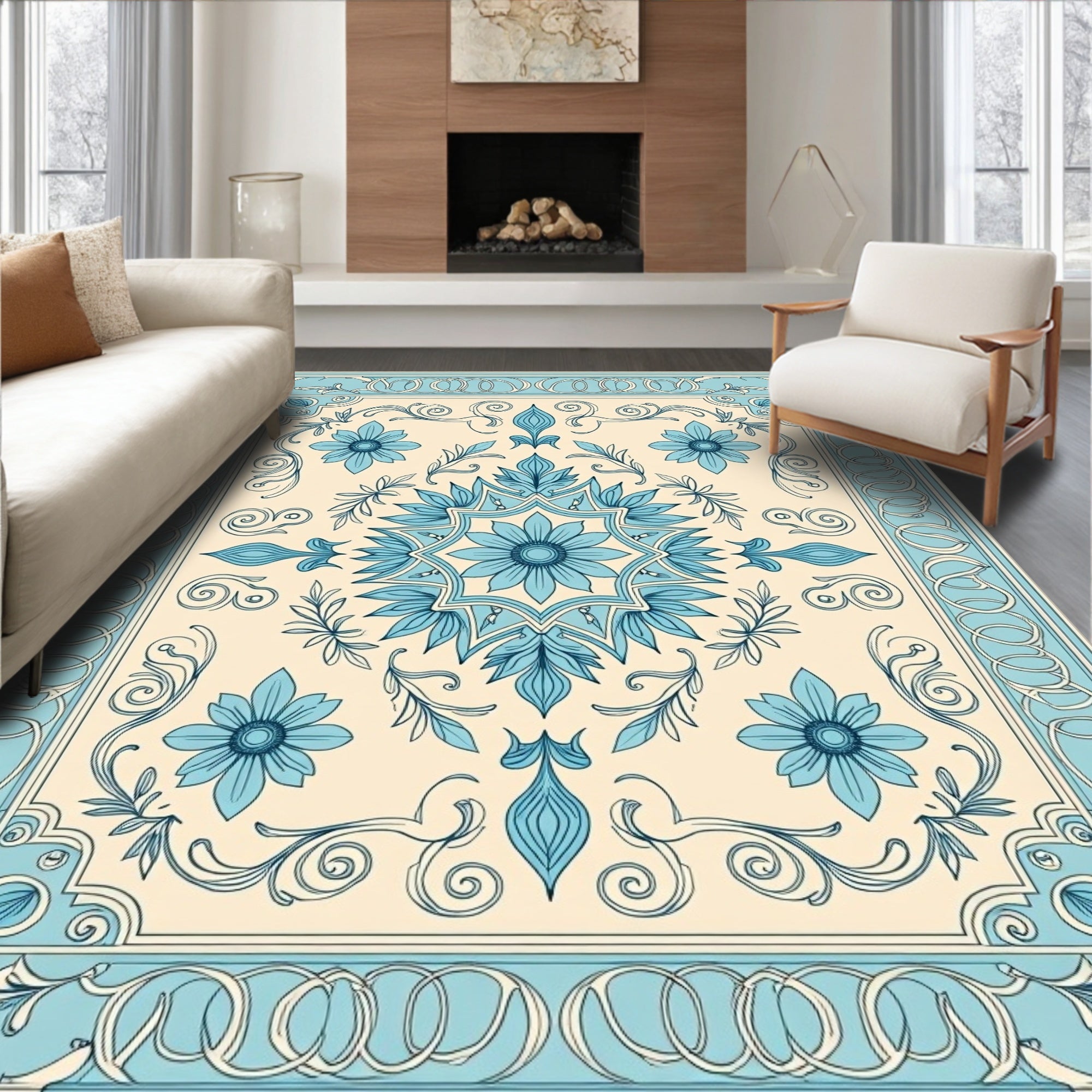 Cerulean Floral Scrollwork Ornament Rug