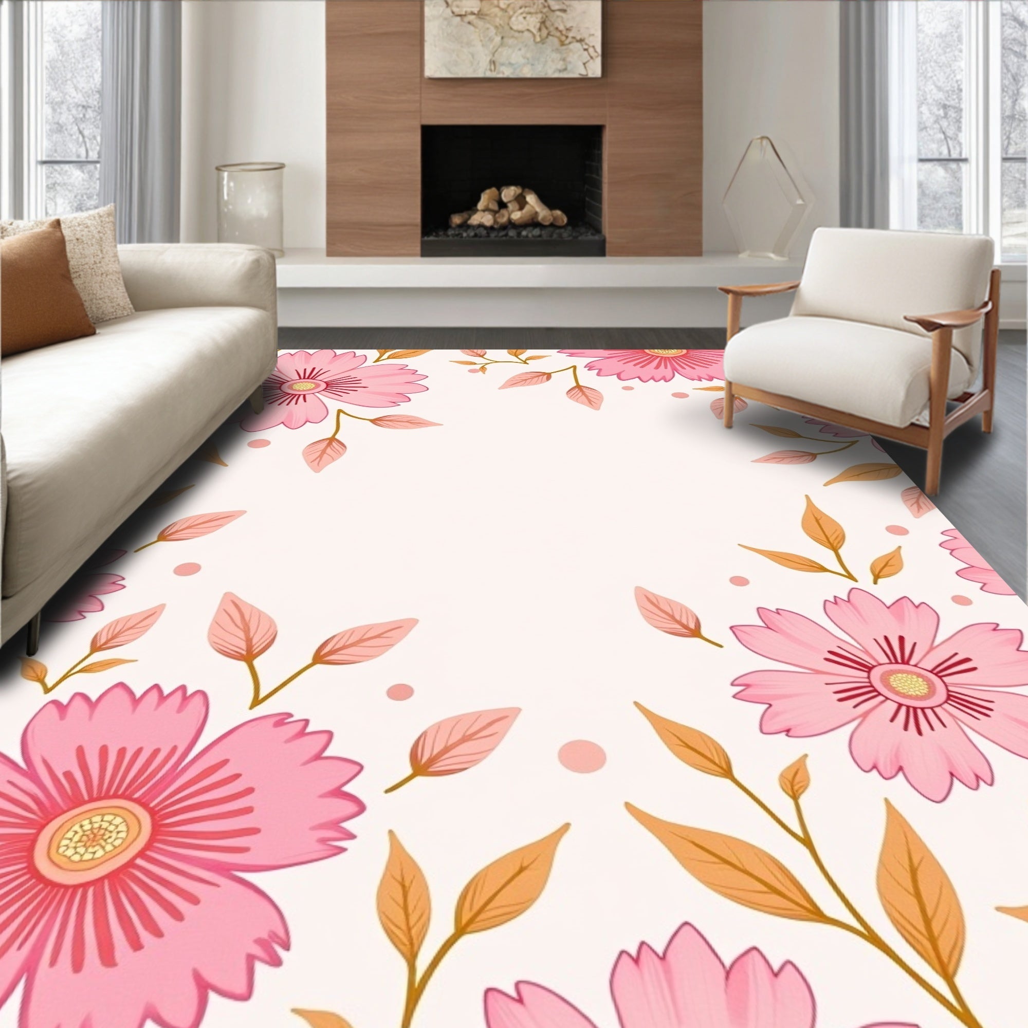 Pink Floral Botanical Pattern Rug