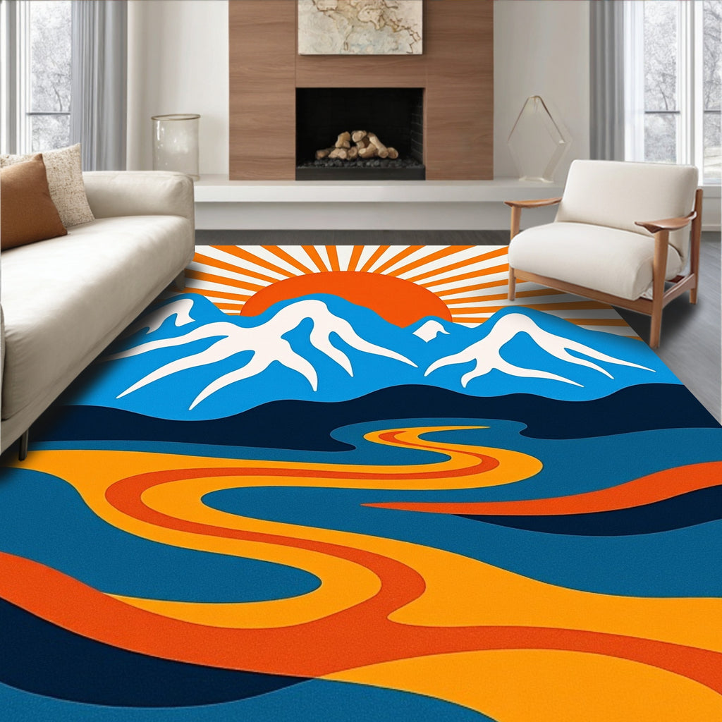 Retro Mountain Landscape With Winding River Rug