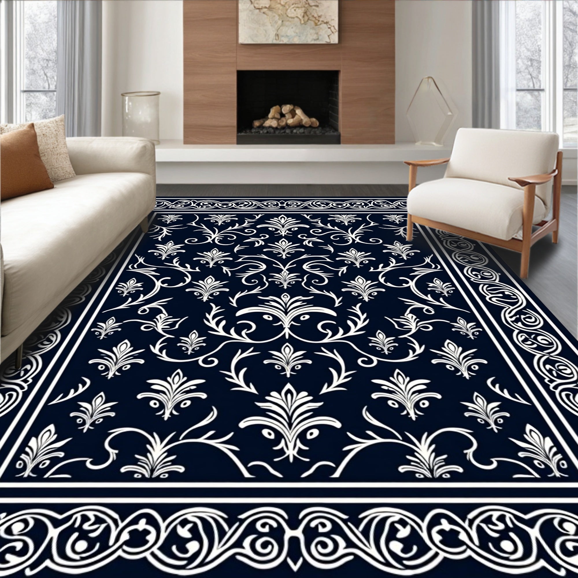 Damask Floral Border Design Rug