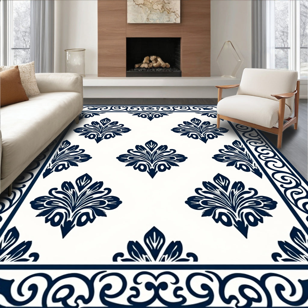 Classic Damask Floral Border Pattern Rug