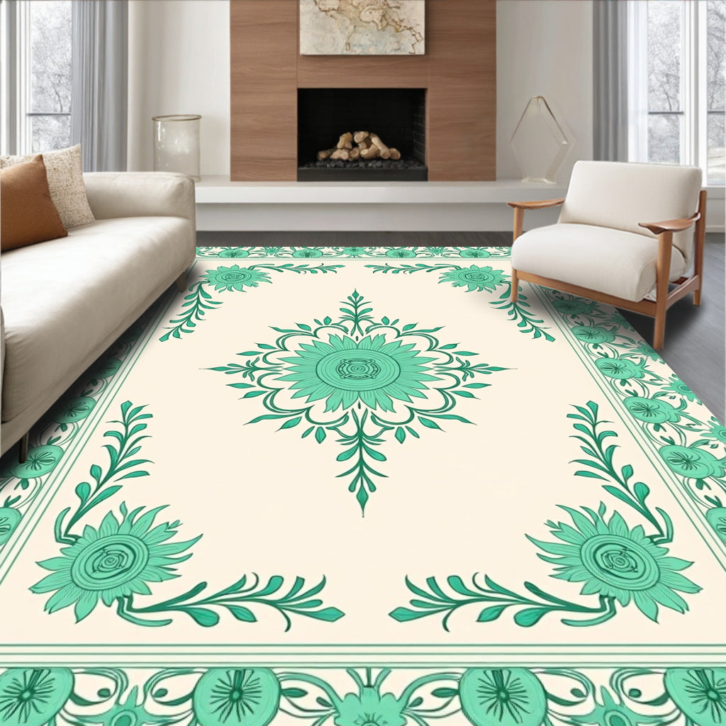 Teal Floral Mandala Border Design Rug