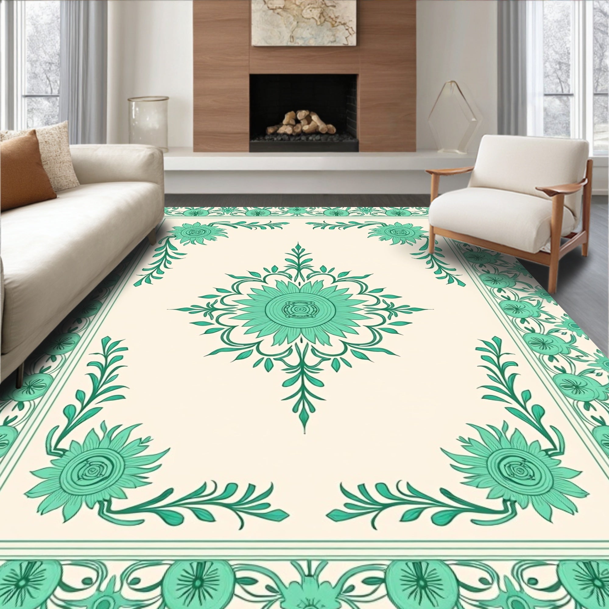 Teal Floral Mandala Border Design Rug