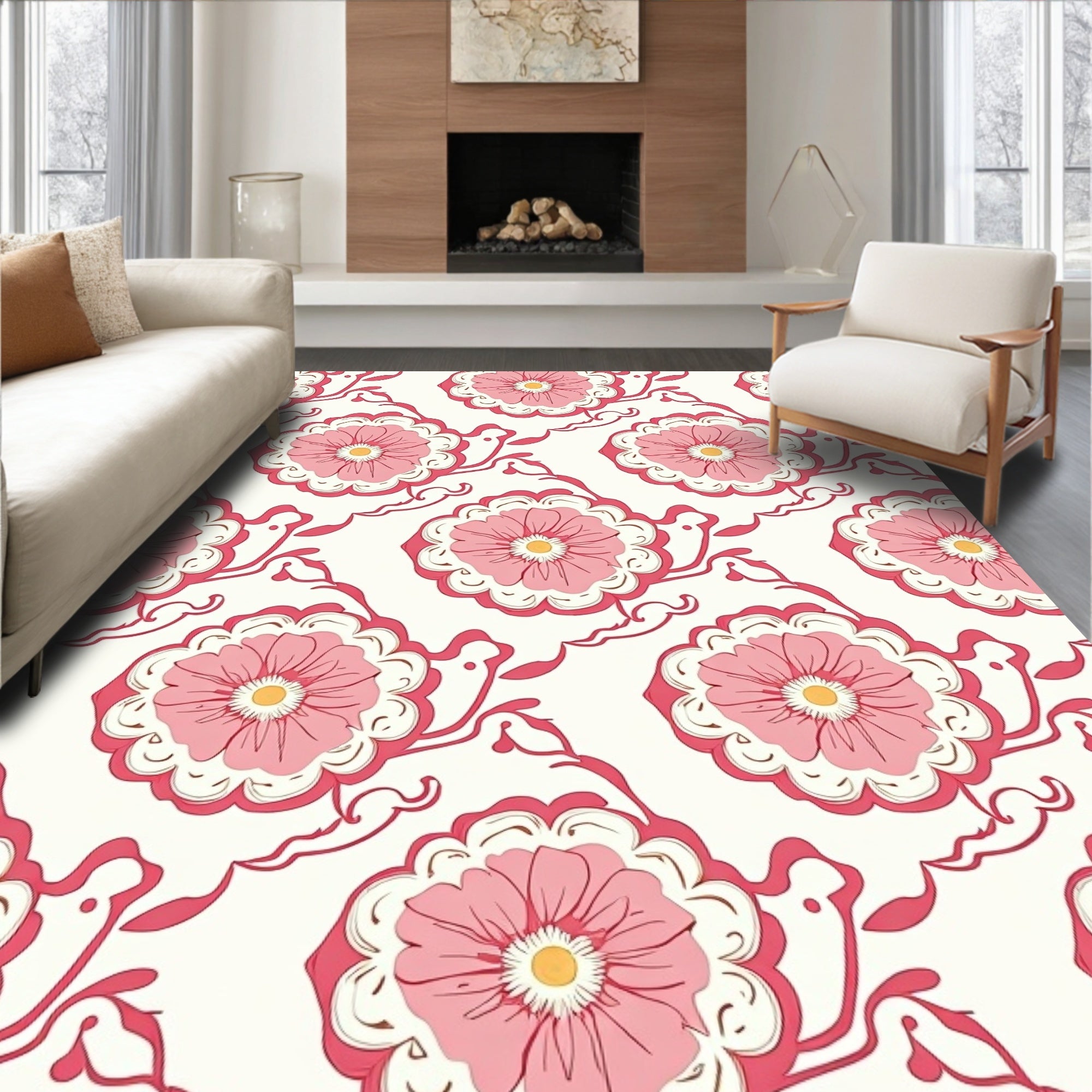 Pink Floral Swirl Pattern Rug