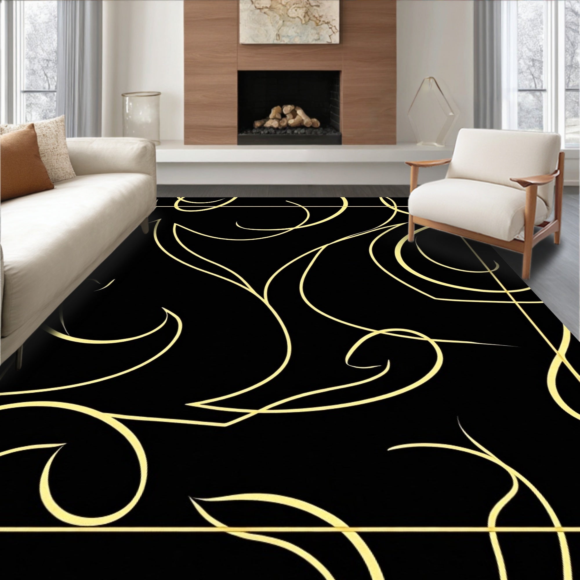 Abstract Swirl Gold Black Design Rug