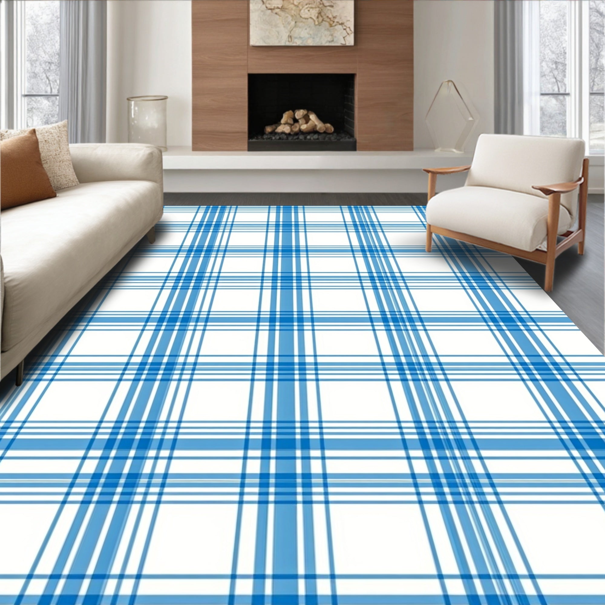 Classic Blue White Plaid Pattern Rug