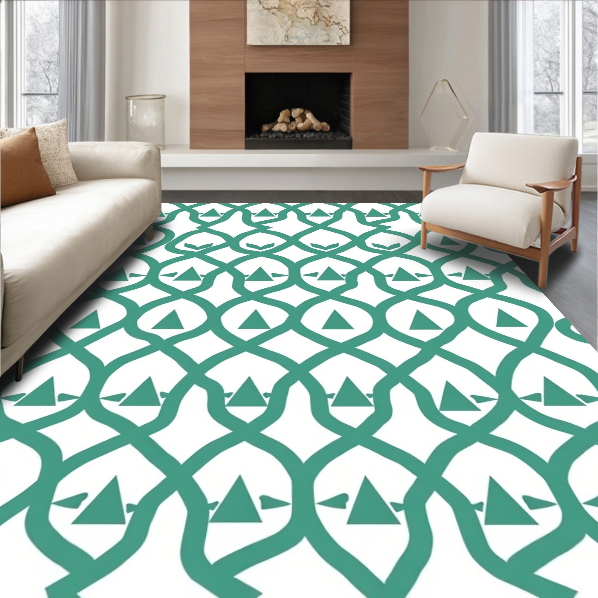 Teal Geometric Interlocking Triangle Pattern Rug