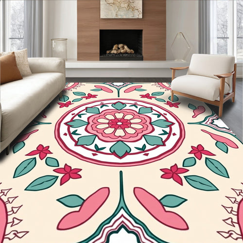 Abstract Floral Mandala With Teal Accents Rug
