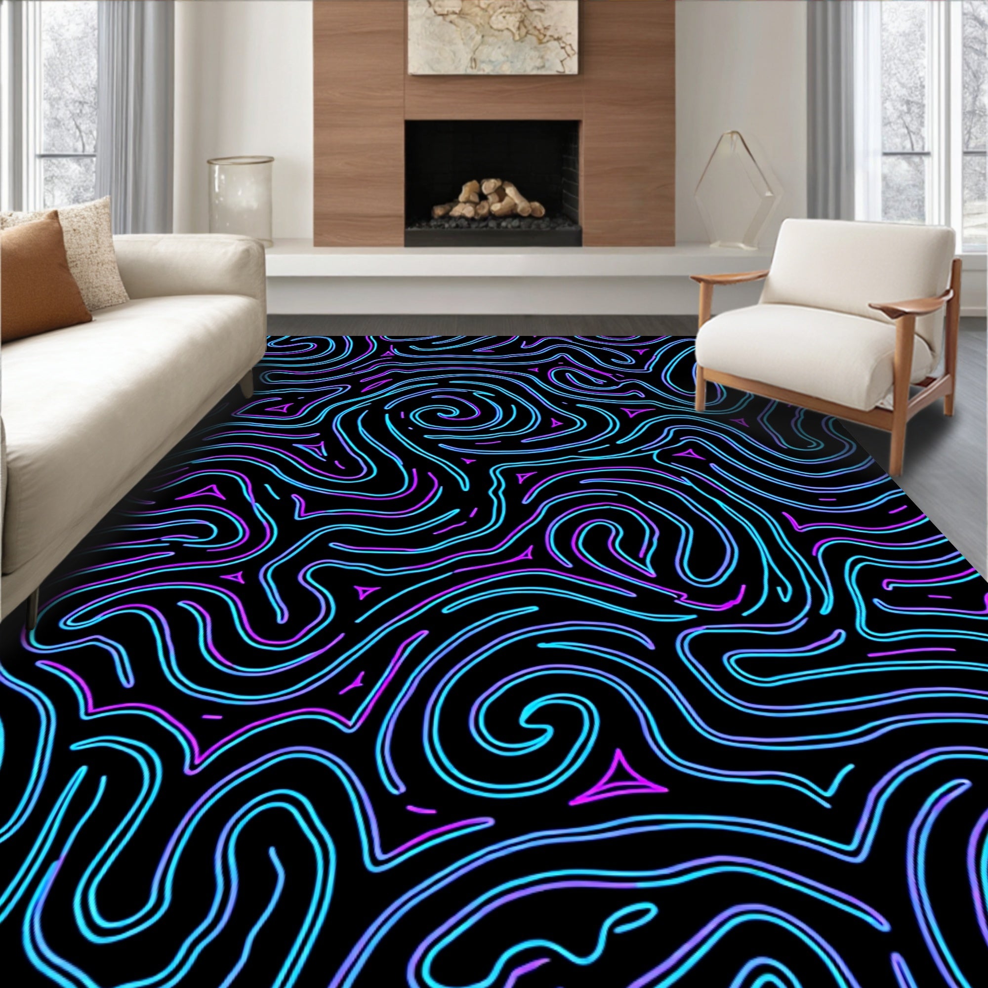 Abstract Swirling Neon Lines Rug