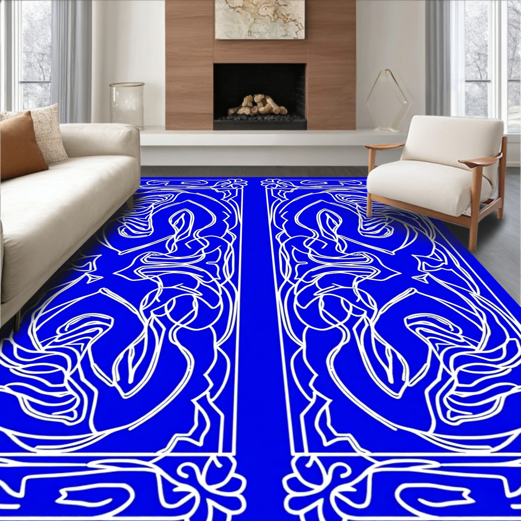 Ornate Blue White Flourish Pattern Rug