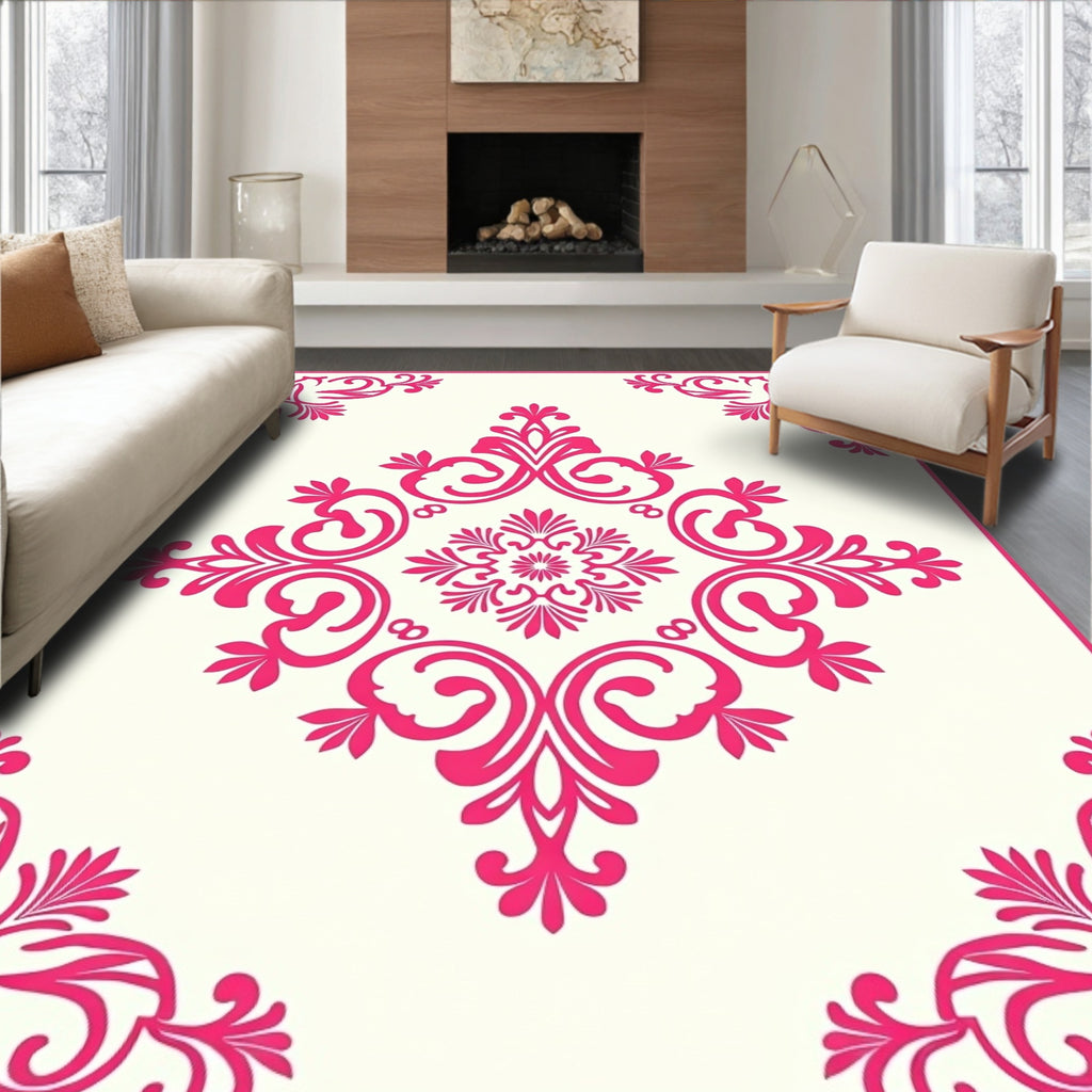 Pink Floral Damask Scrollwork Design Rug