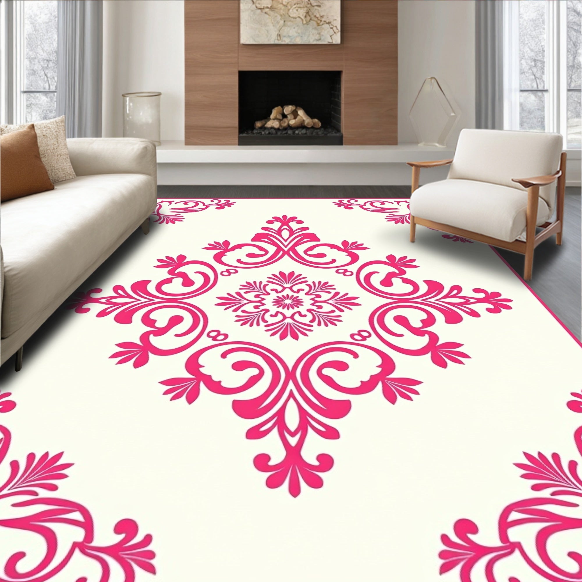 Pink Floral Damask Scrollwork Design Rug