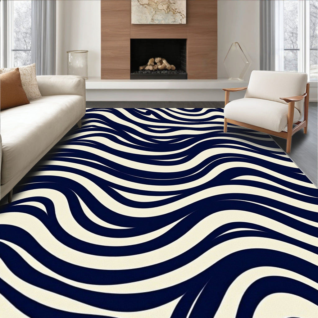 Abstract Navy Cream Wavy Stripe Design Rug