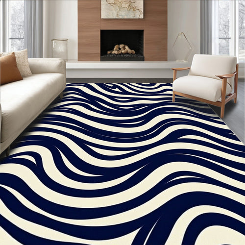 Abstract Navy Cream Wavy Stripe Design Rug