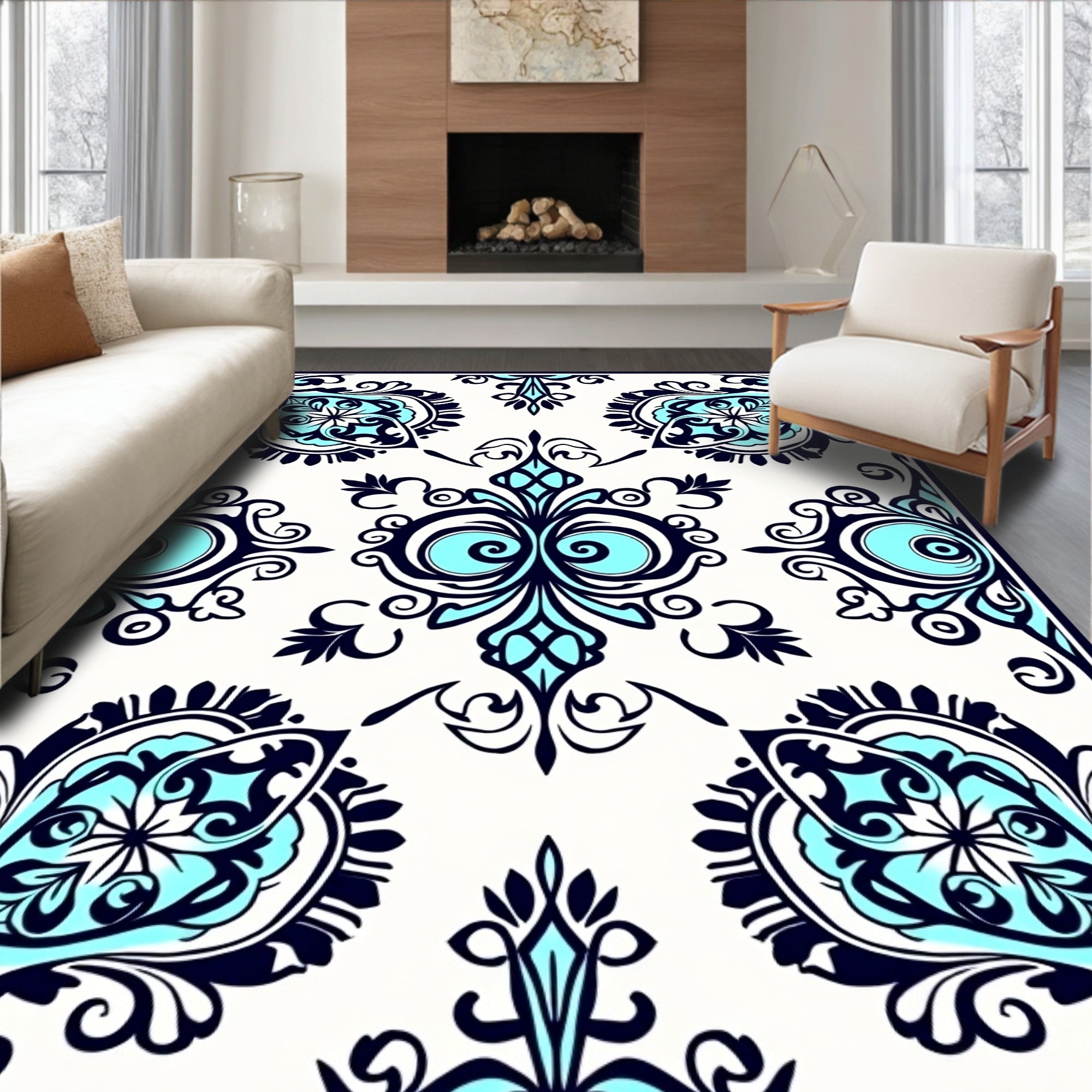 Intricate Teal Navy Floral Design Rug