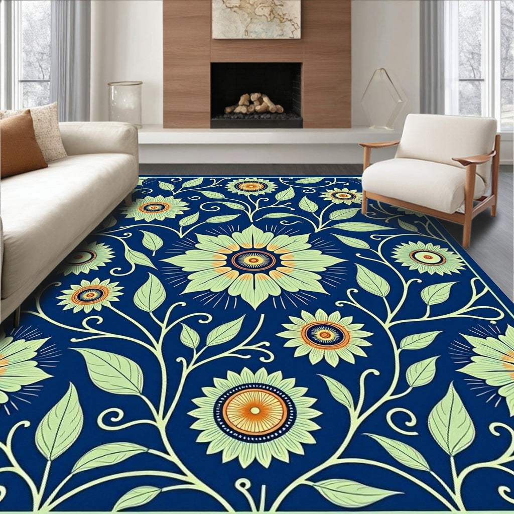 Deep Blue Floral Vine Accents Rug