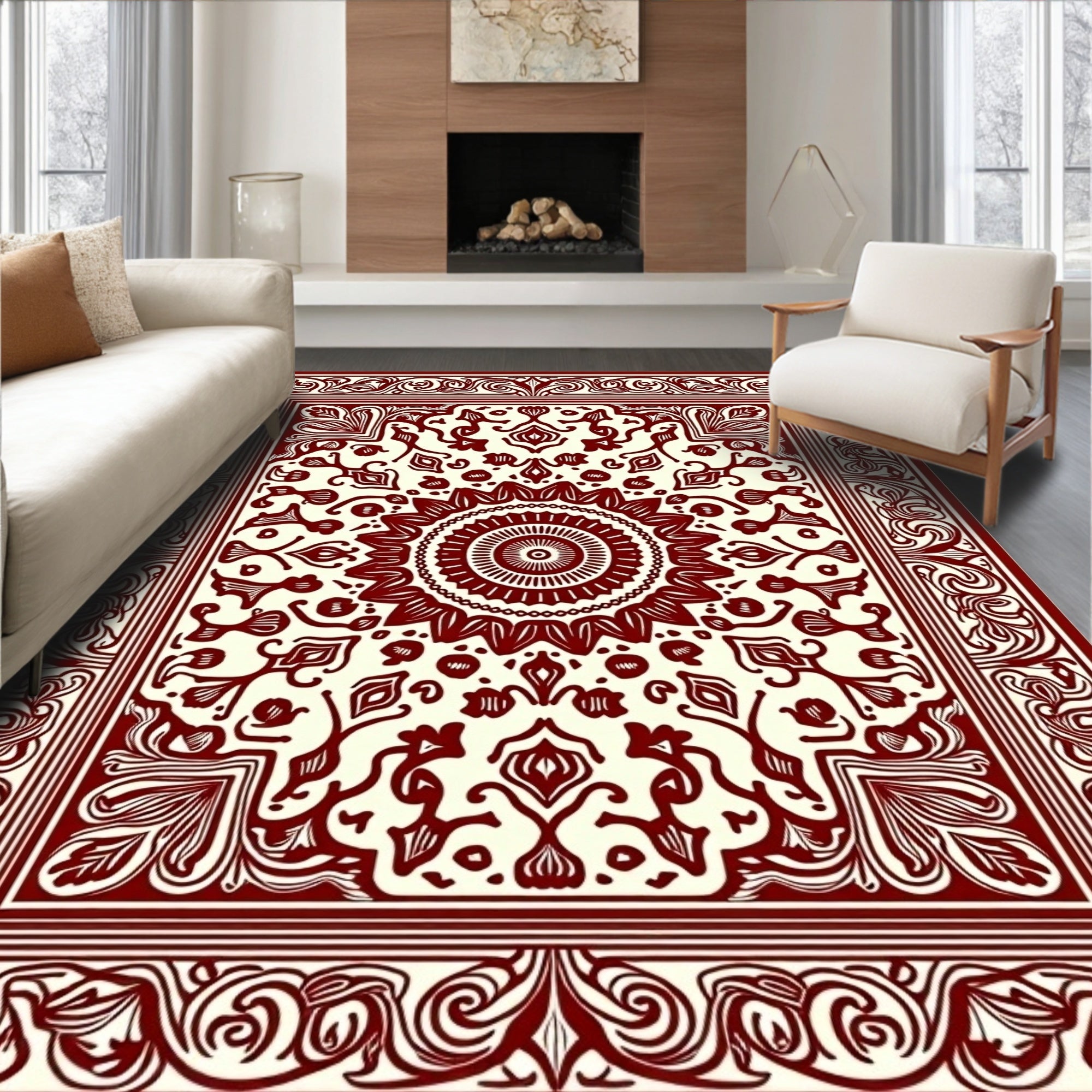 Ornate Red Mandala Patterned Rug