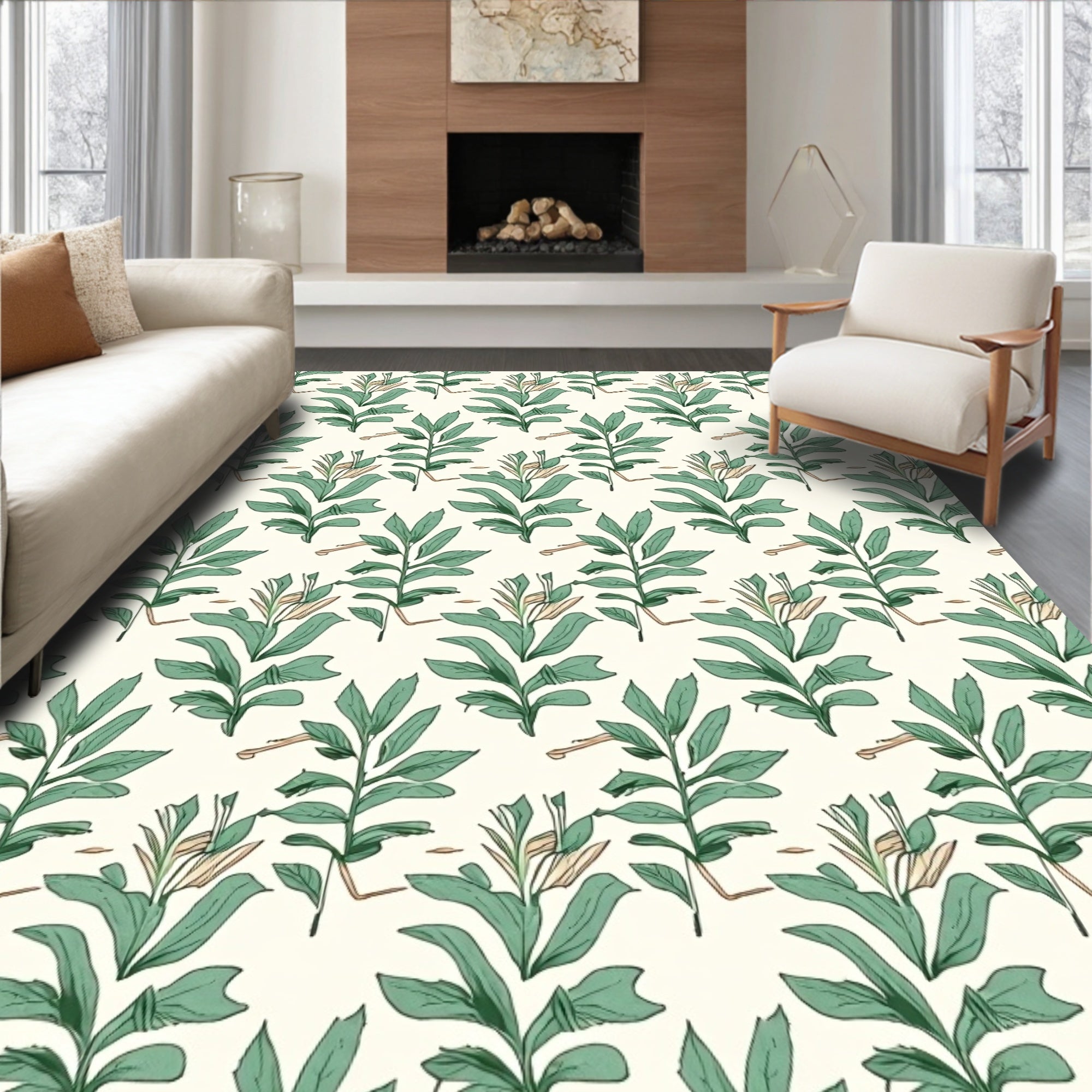 Earthy Green Leaf Pattern Rug