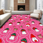 Whimsical Red Mushroom Characters Pink Background Rug