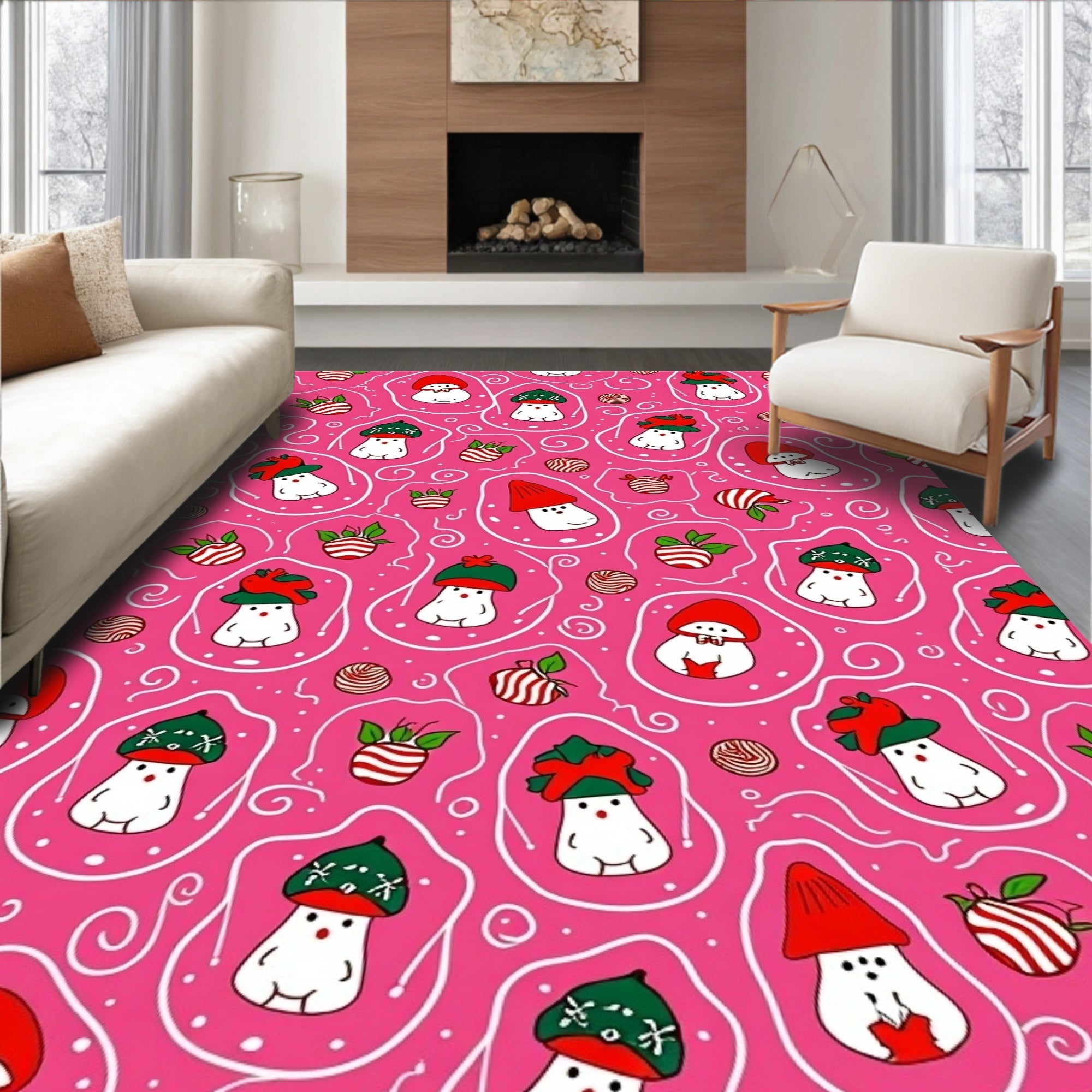 Whimsical Red Mushroom Characters Pink Background Rug
