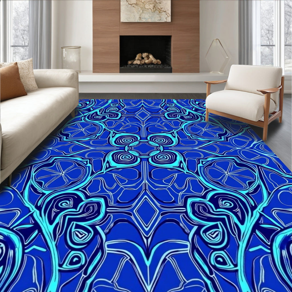 Deep Blue Swirling Abstract Mandala Rug