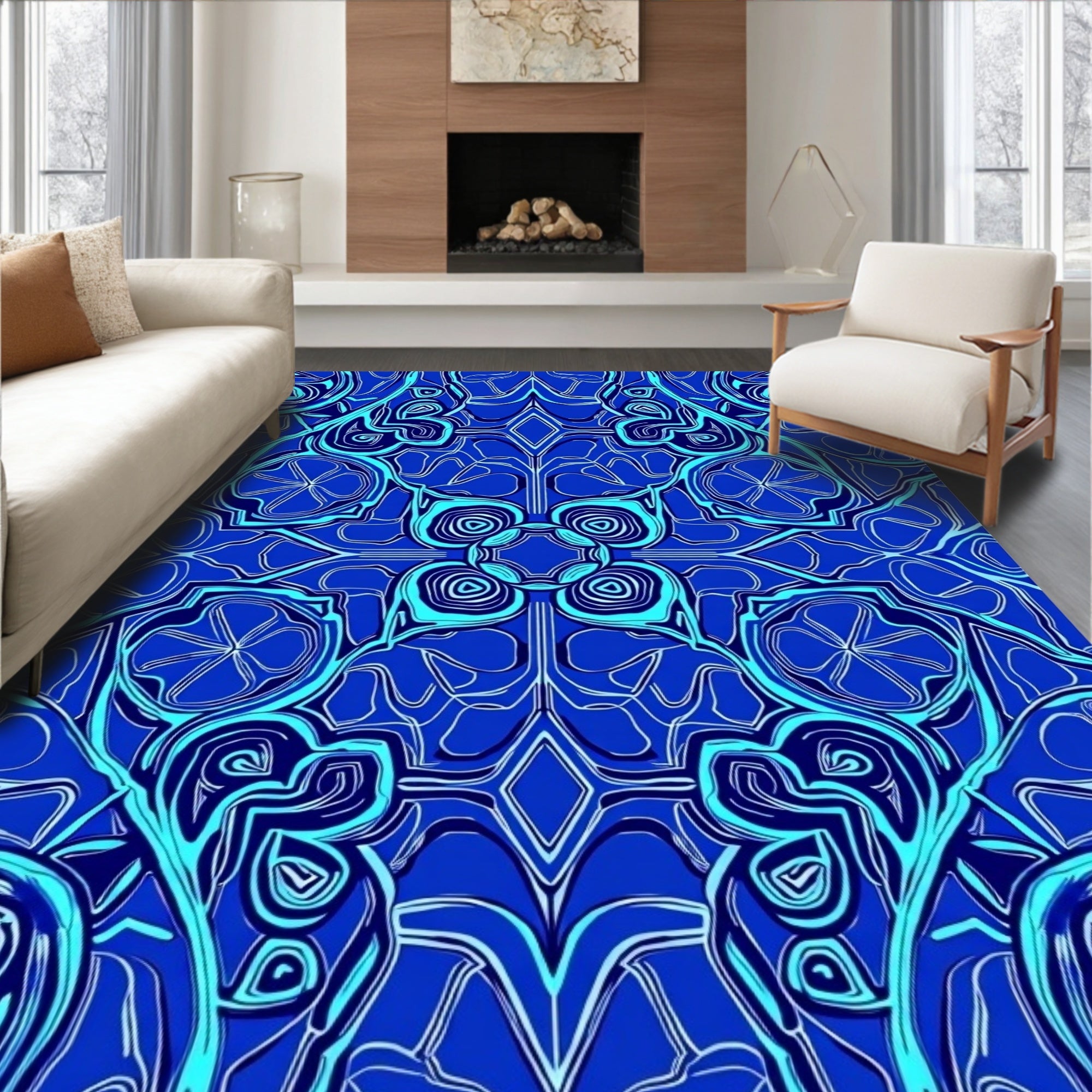 Deep Blue Swirling Abstract Mandala Rug