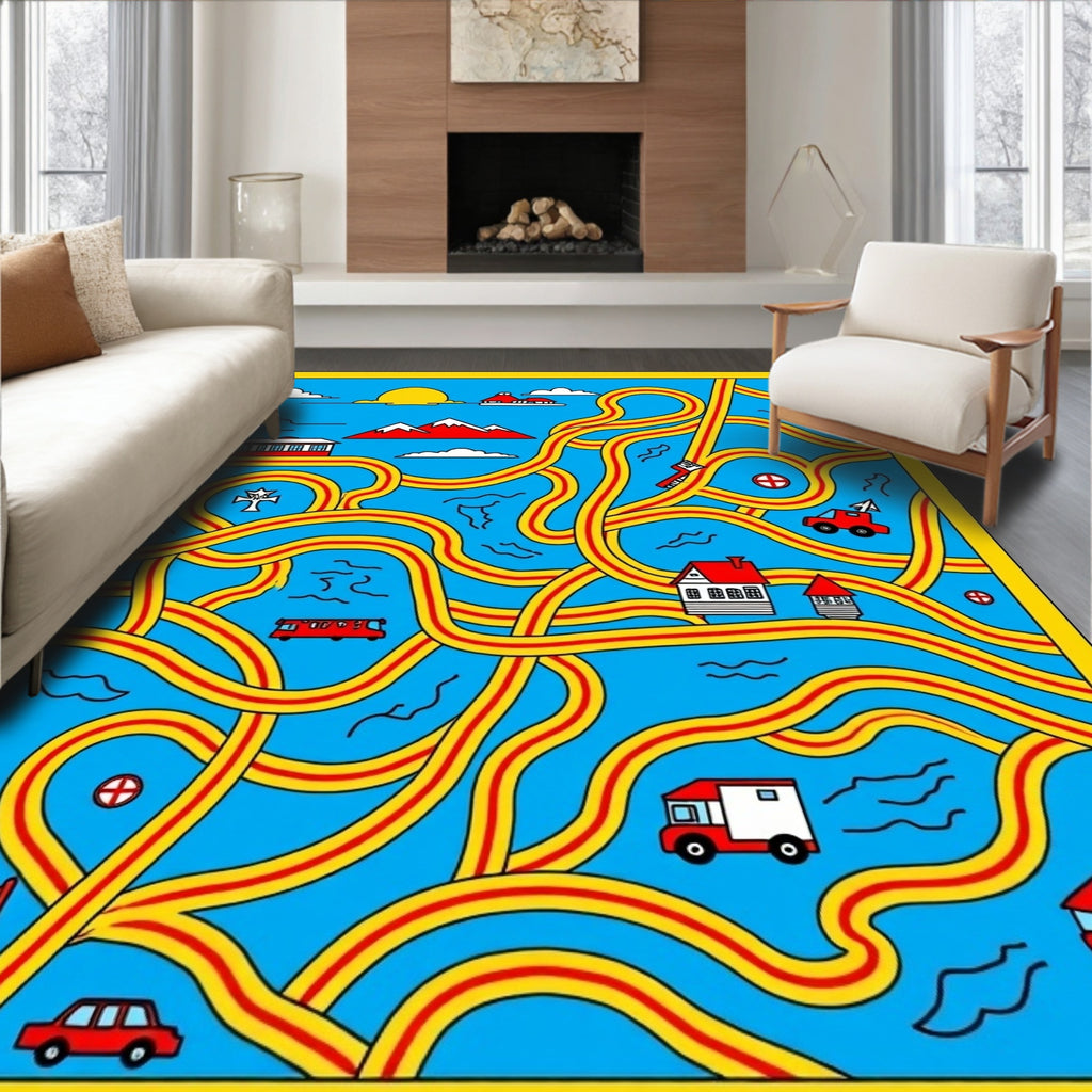 Whimsical Red Yellow Abstract Landscape Rug