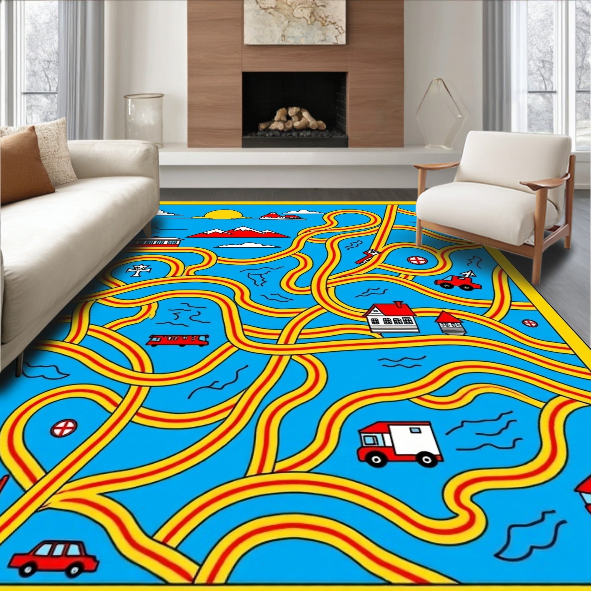 Whimsical Red Yellow Abstract Landscape Rug