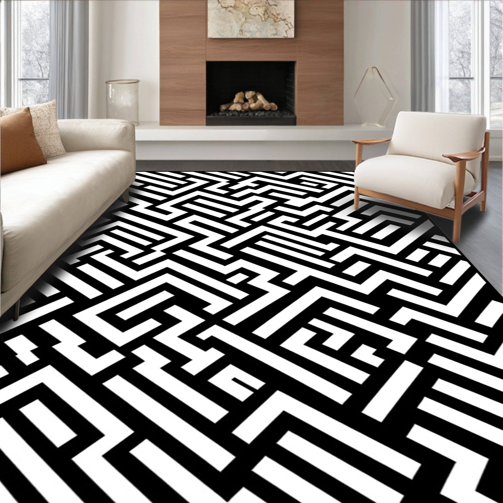 Abstract Black 2 White Maze Design Rug