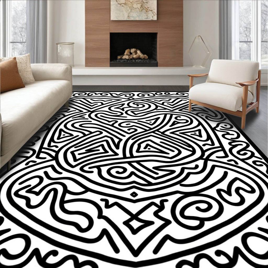 Bold Black White Abstract Pattern Rug