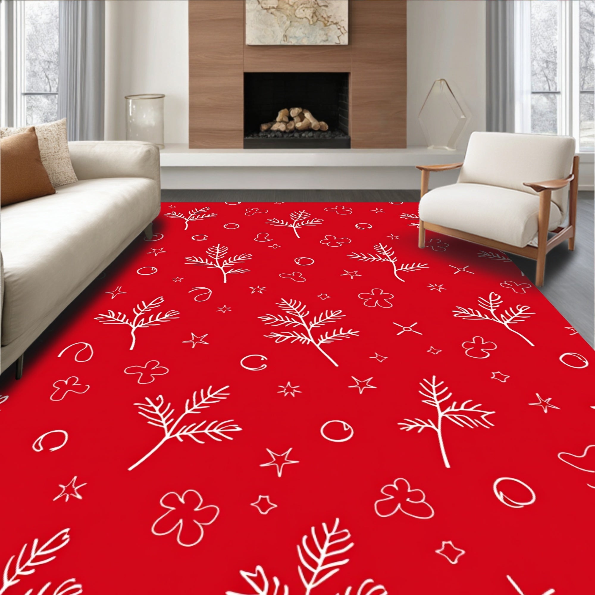 White Pine Sprig And Star Red Rug