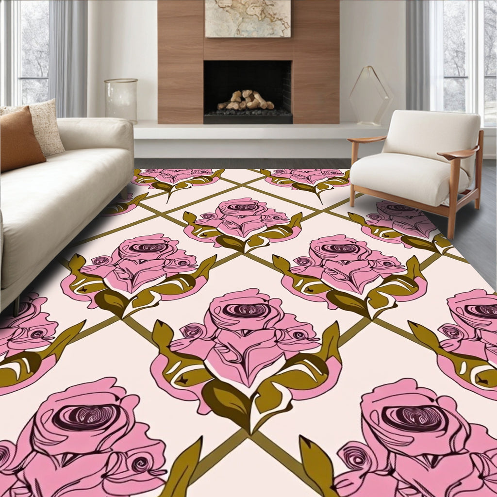 Pink Floral Lattice Art Deco Rug