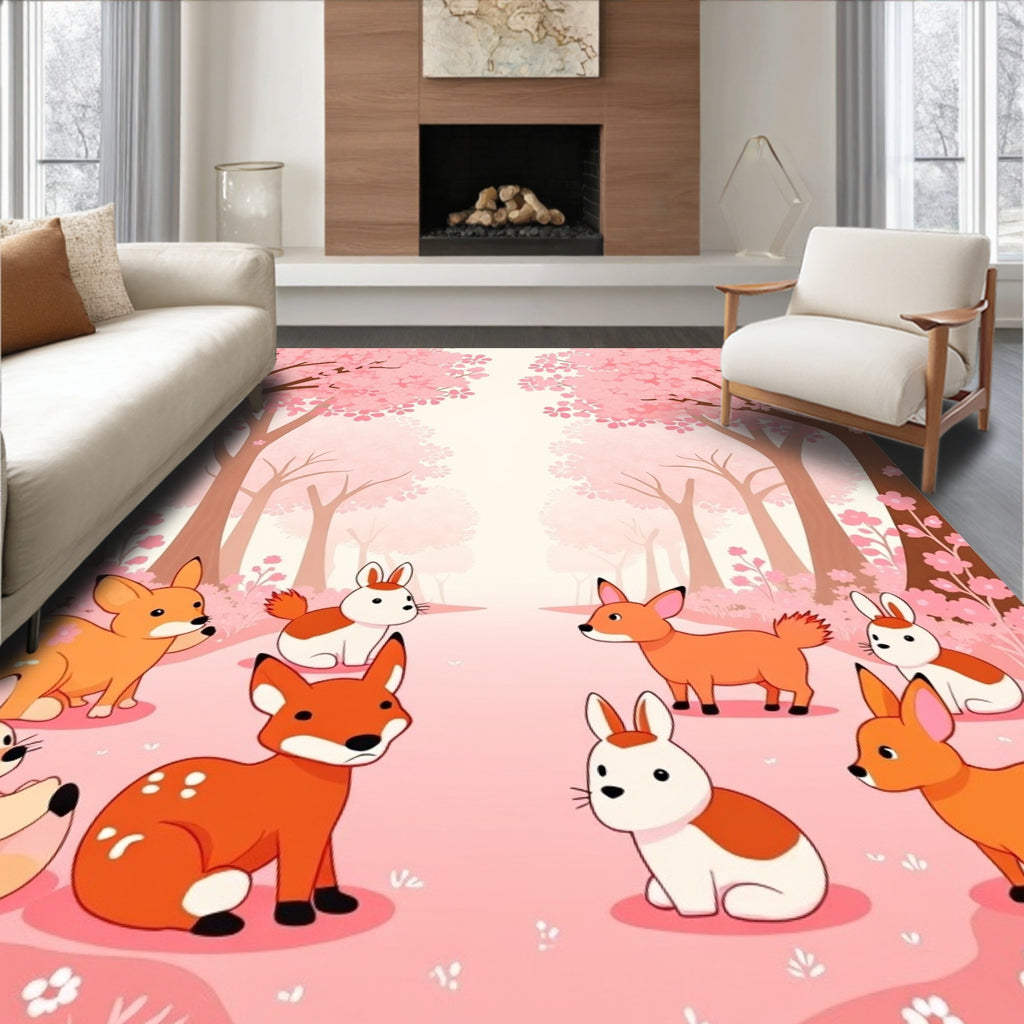 Cute Animals Blossom Trees Scene Rug