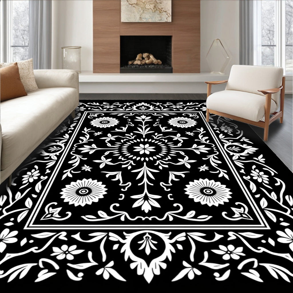 Black White Floral Scroll Medallion Rug