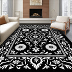 Black White Floral Scroll Medallion Rug