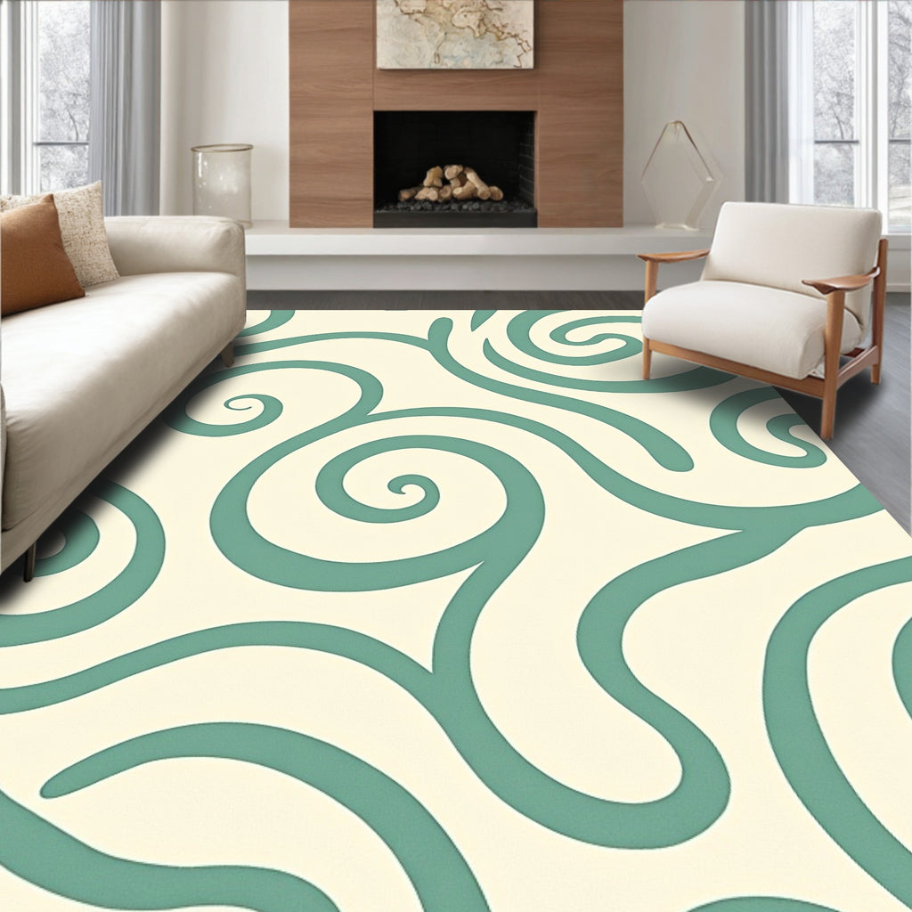 Cream Teal Swirl Abstract Rug